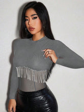 Fall Winter Clothing Knitted Ribbed Trimmed See-Through Jumpsuit With Rhinestone And Tassel Embellishment Red